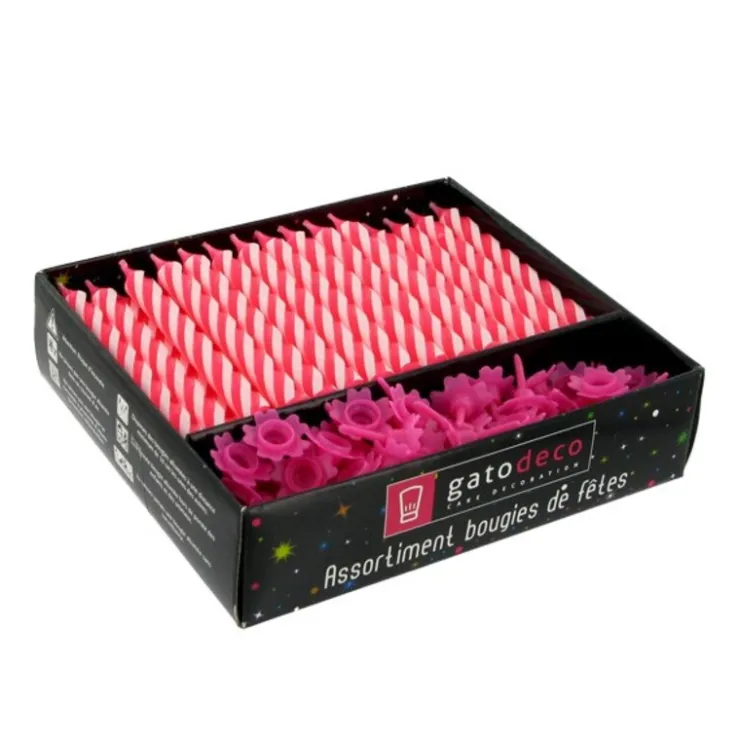 Bougies torsadées 8 cm et bobèches roses (x 70)-Cerf Dellier Best