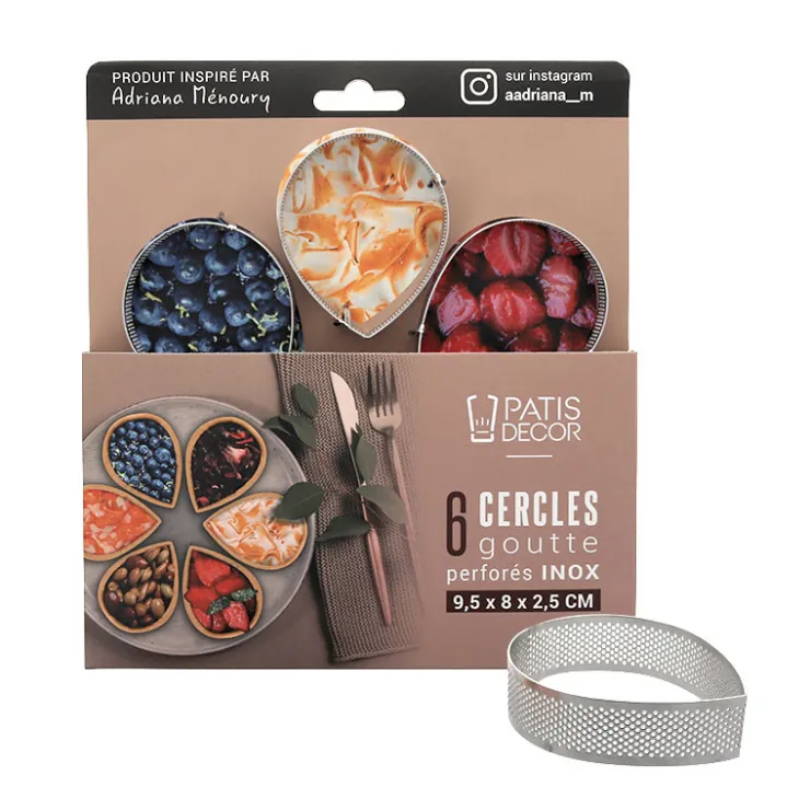 Cercles tarte "goutte" perforé en inox - 9,5 x 8 x 2,5 cm x 6-Cerf Dellier New