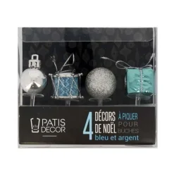 Décors de Noël assortis bleu argent sur pique (x4)-Cerf Dellier Best
