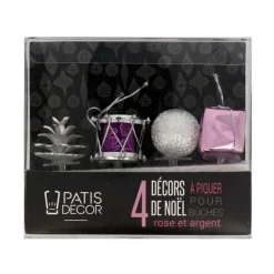 Décors de Noël assortis rose argent sur pique (x4)-Cerf Dellier Hot