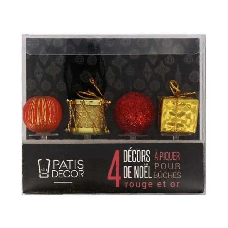 Décors de Noël assortis rouge doré sur pique (x4)-Cerf Dellier New