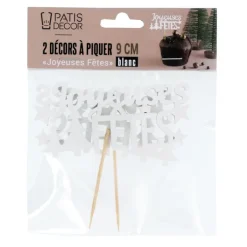 Décors sur pique "Joyeuses Fêtes" blancs (x2)-Cerf Dellier Discount